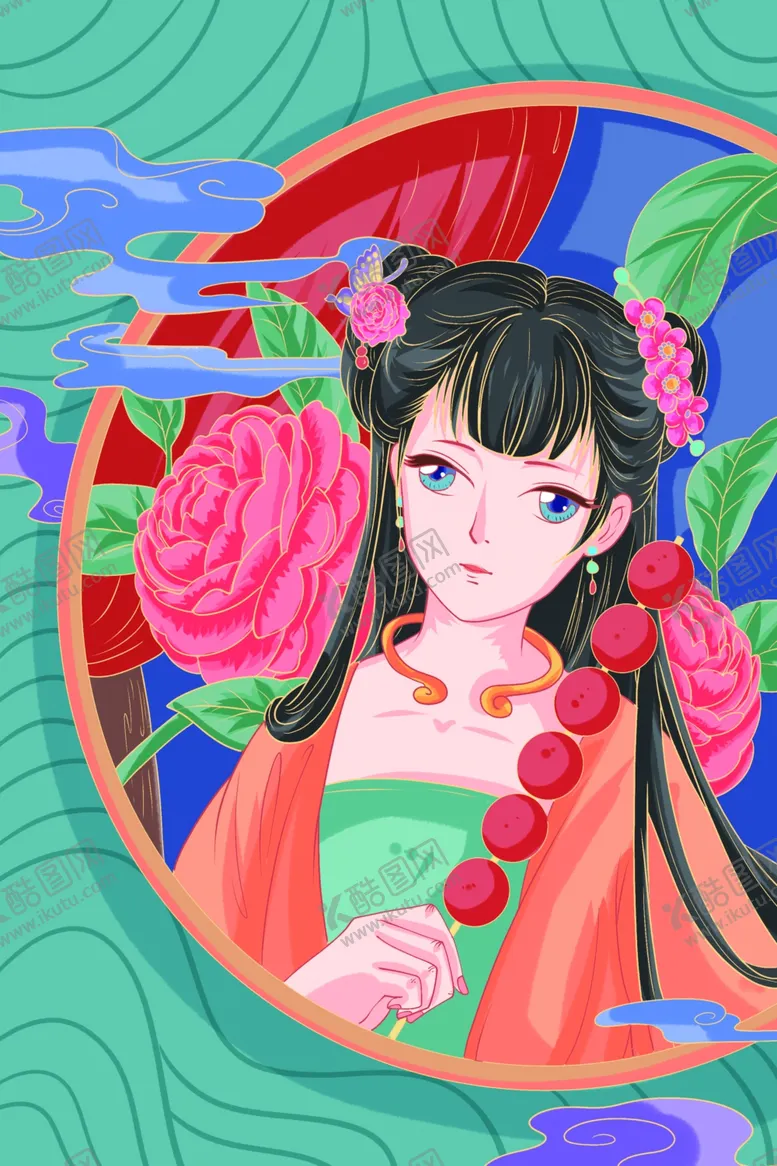 编号：58786807010704058099【酷图网】源文件下载-国潮风新年古风美女糖葫芦插画