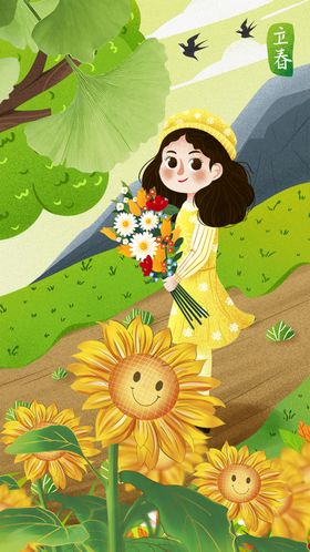 女孩漫步于向日葵花丛中