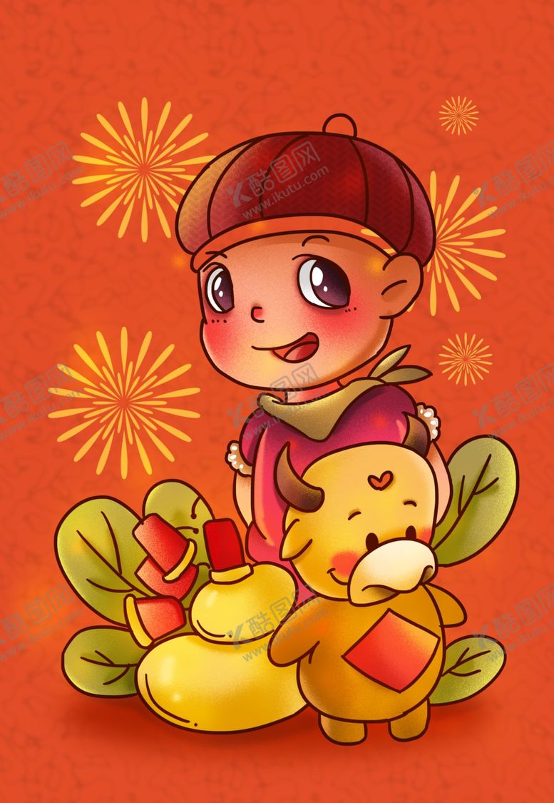 编号：96652806242201417180【酷图网】源文件下载-立体可爱风新年抱着小牛的男孩