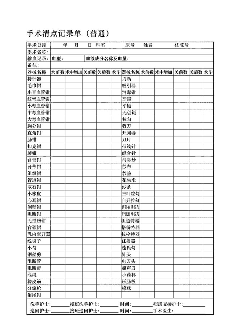 编号：38517609262328398142【酷图网】源文件下载-手术清点记录单