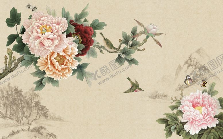 编号：17509105181152518601【酷图网】源文件下载-工笔花鸟背景墙装饰画