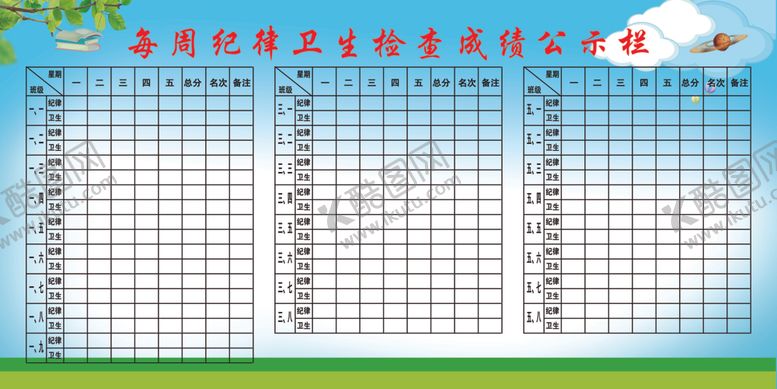 编号：60437504201109578512【酷图网】源文件下载-学校纪律卫生成绩公示栏