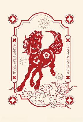 中式剪纸风奔腾骏马图案