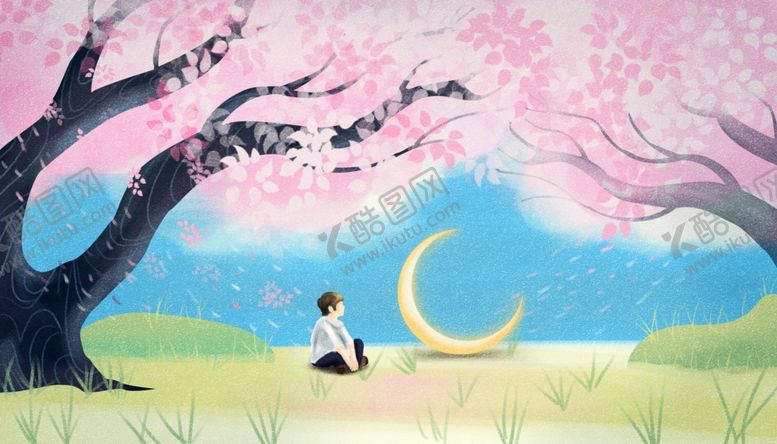 编号：34043405172125198004【酷图网】源文件下载-樱花树人物春季清新插画卡通背景