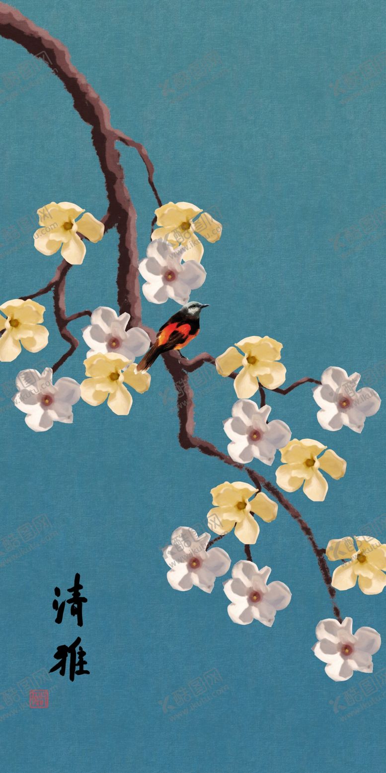 编号：54514309132105536775【酷图网】源文件下载-手绘玉兰花鸟装饰画