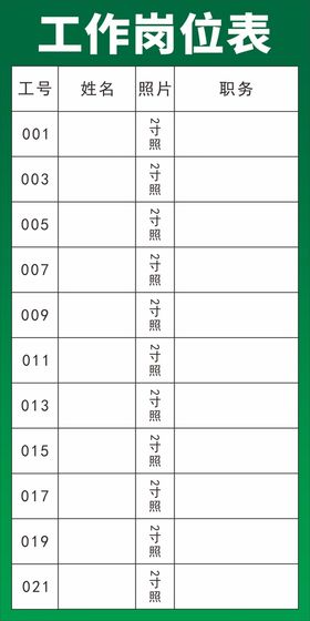 公司车间工作岗位表职工一览表