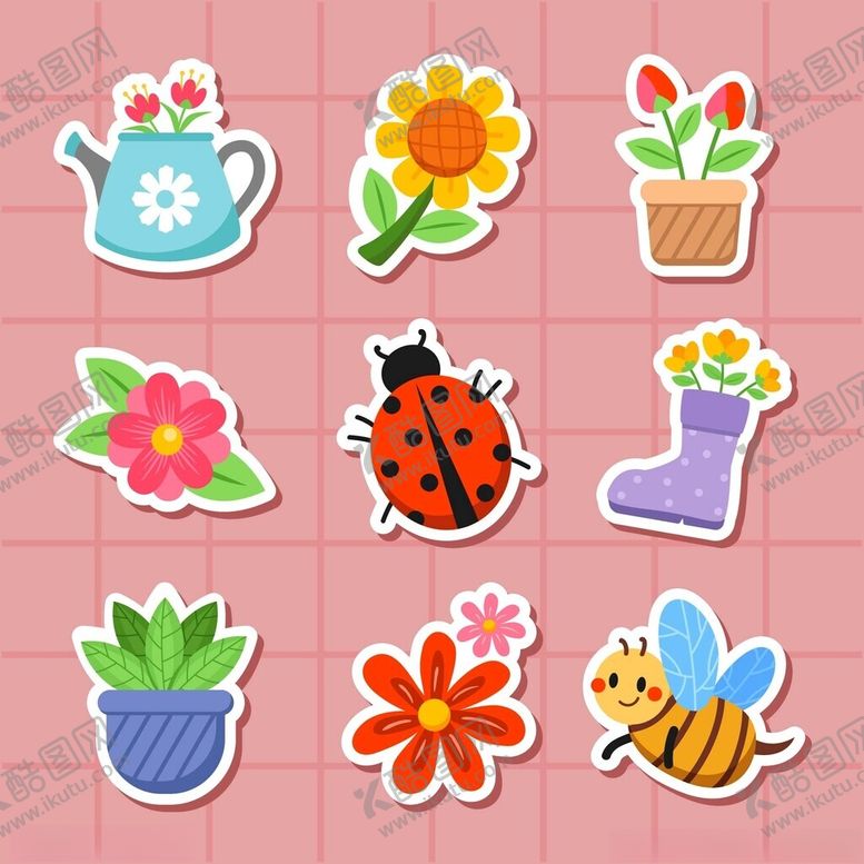 编号：43536311172248177445【酷图网】源文件下载-可爱花卉昆虫贴纸图案