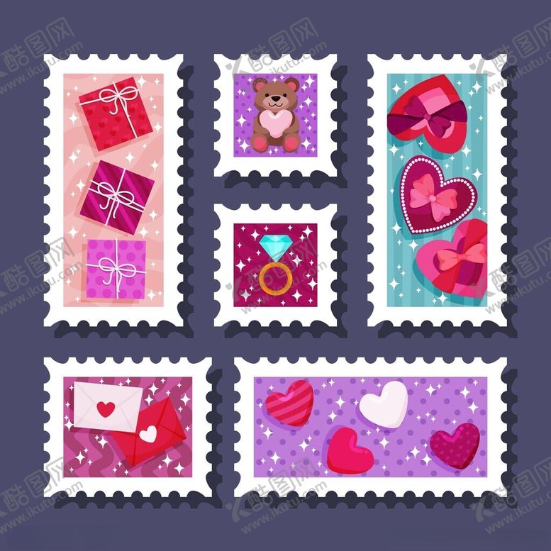 编号：92295511192244322950【酷图网】源文件下载-多彩爱心主题邮票图案