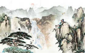 中式青绿瀑布山水国画电视背景墙墨古松风