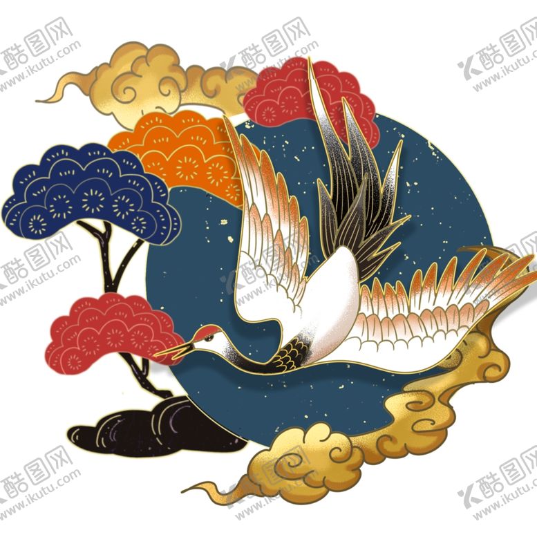 编号：19908005150347483101【酷图网】源文件下载-国潮复古中式松树仙鹤