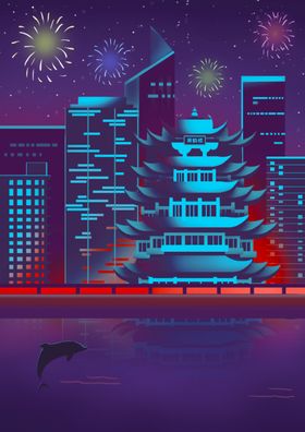 黄鹤楼地标建筑城市插画卡通背景