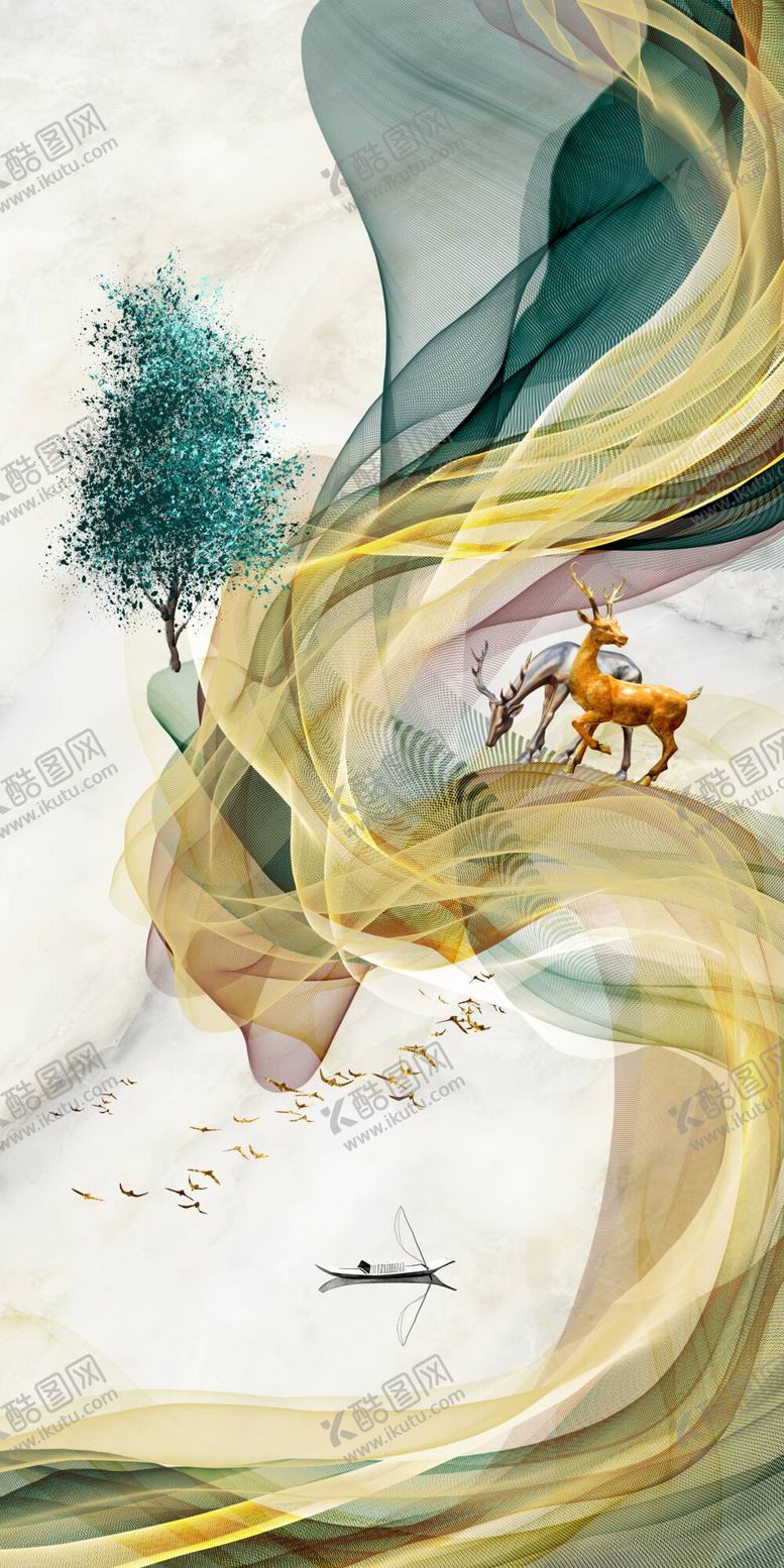 编号：22696110311401063188【酷图网】源文件下载-金色麋鹿山水玄关