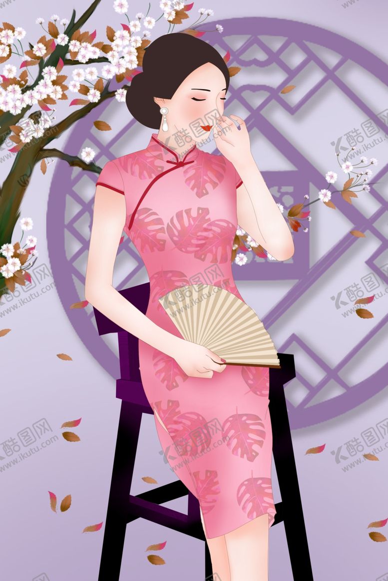 编号：90489405190539299409【酷图网】源文件下载-旗袍女性人物插画卡通背景素材