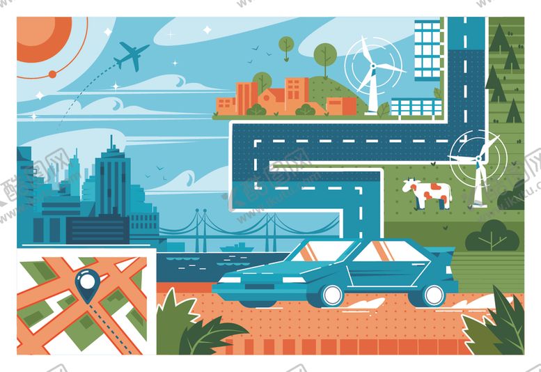 编号：73027310311600191257【酷图网】源文件下载-城市自驾之旅插画场景
