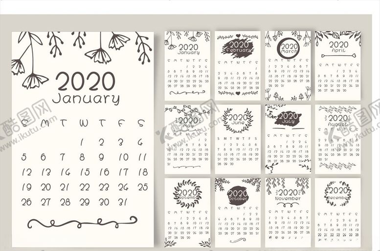 编号：46396707070049541464【酷图网】源文件下载-2020年新年日历小清新花卉