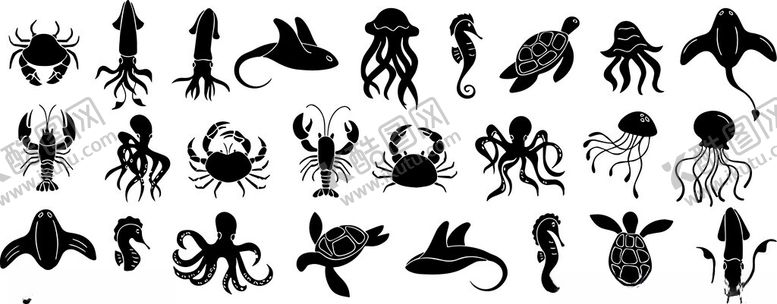 编号：99998211021858287287【酷图网】源文件下载-多样海洋动物剪影图案集合