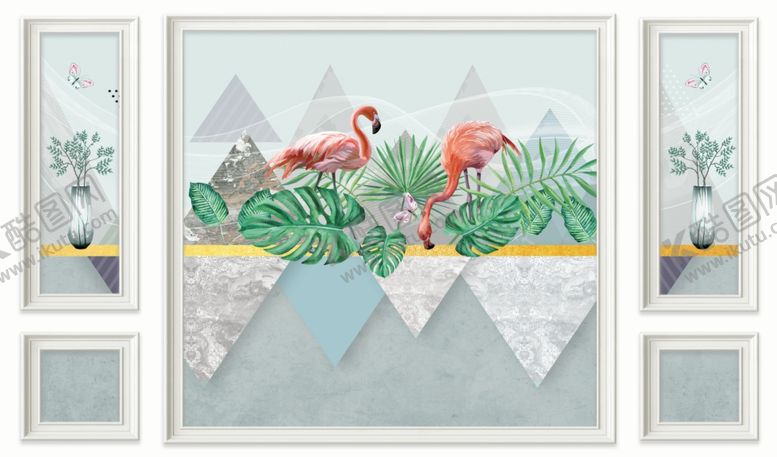 编号：90288909241817344905【酷图网】源文件下载-火烈鸟绿叶框框花瓶背景墙