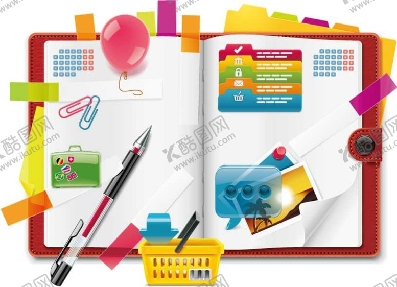 编号：76507809181227348935【酷图网】源文件下载-翻开的本子圆珠笔书本卡通素材