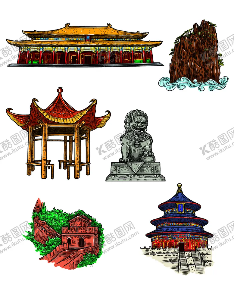 编号：10783209211627262604【酷图网】源文件下载-矢量中国古代建筑手绘图