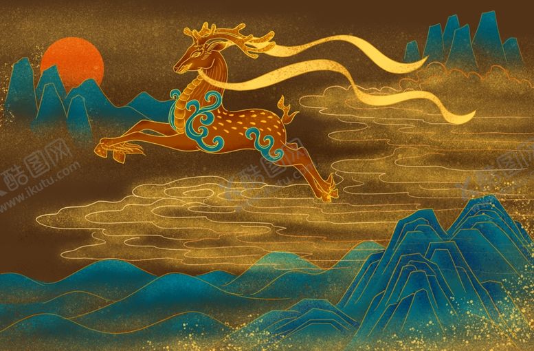 编号：66349110181533154153【酷图网】源文件下载-仙鹿国风传统插画卡通背景素材