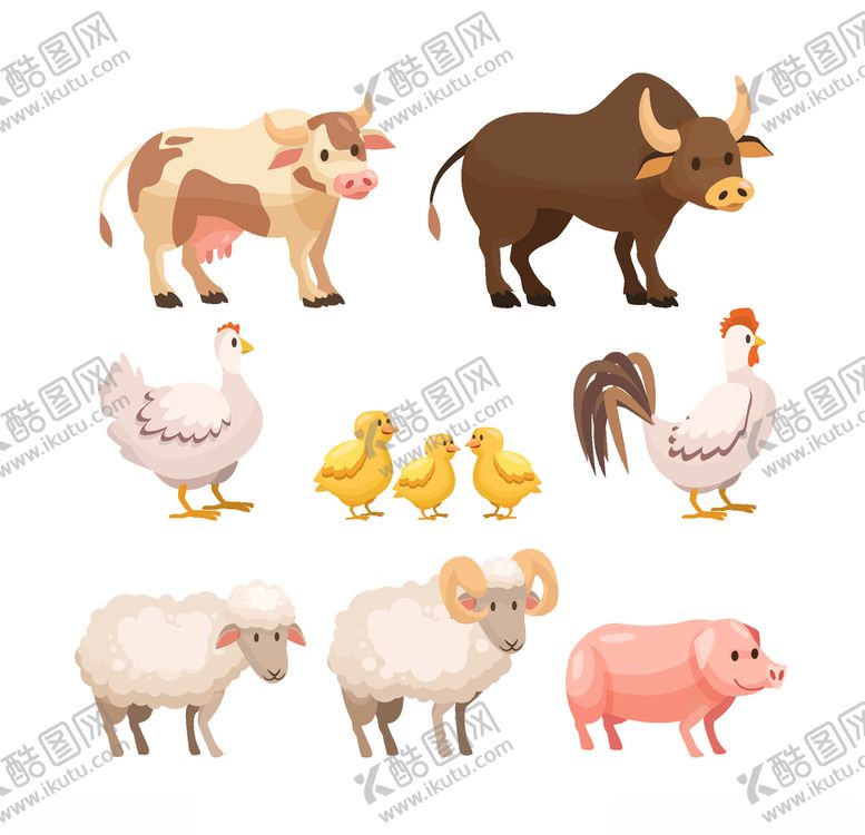 编号：44616007121553098361【酷图网】源文件下载-牛鸡鸭羊猪卡通矢量图