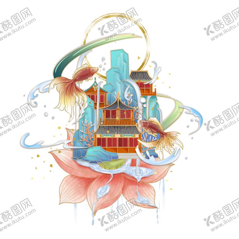 编号：25875102071300596897【酷图网】源文件下载-国潮手绘古楼莲花矢量图