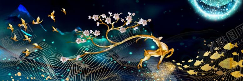 编号：23657910182122226868【酷图网】源文件下载-新中式发财鹿装饰画