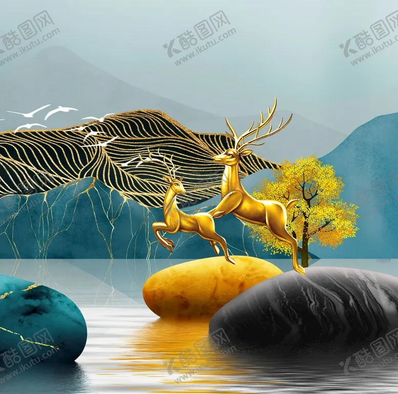 编号：50367810020831571452【酷图网】源文件下载-金色麋鹿湖泊石头挂画装饰画