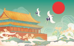 中国风背景墙卧室地产手绘卡通