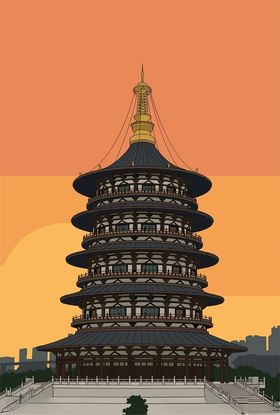 手绘卡通古风建筑