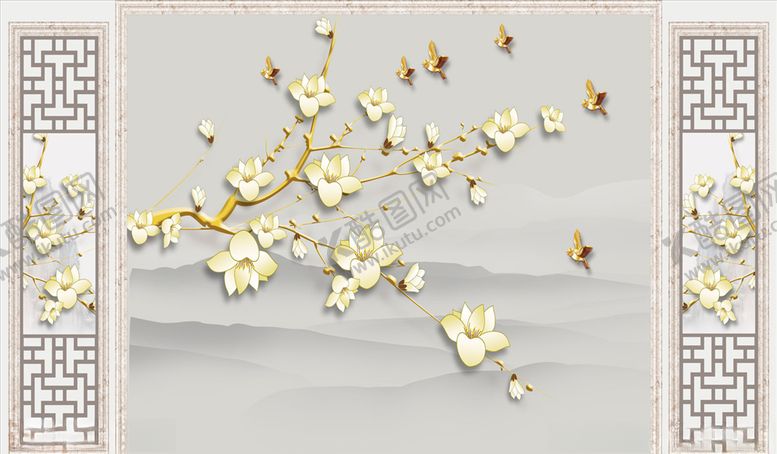 编号：28121805130631524670【酷图网】源文件下载-浮雕花玉兰飞鸟背景墙