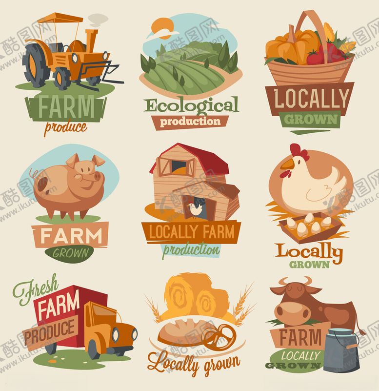 编号：16984604032221349895【酷图网】源文件下载-农场主题复古风图标集合