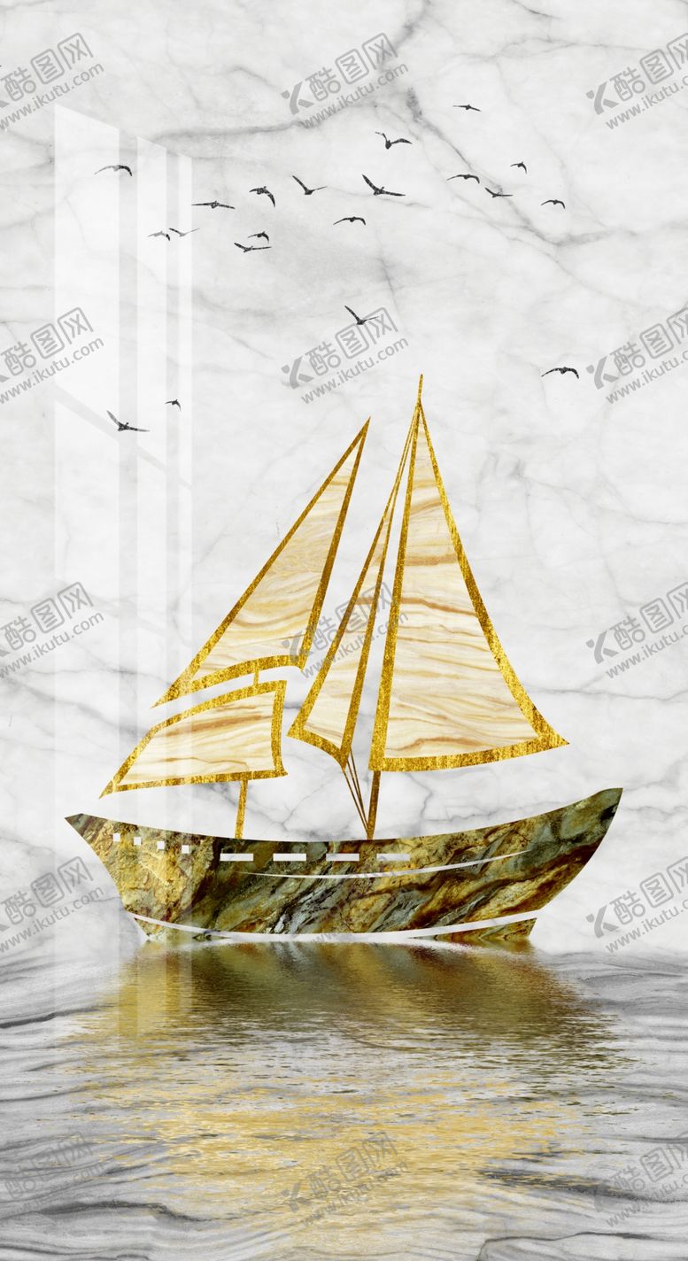 编号：68320110070435188641【酷图网】源文件下载-金色帆船一帆风顺装饰画