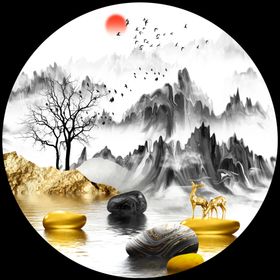 麋鹿山水圆形装饰画