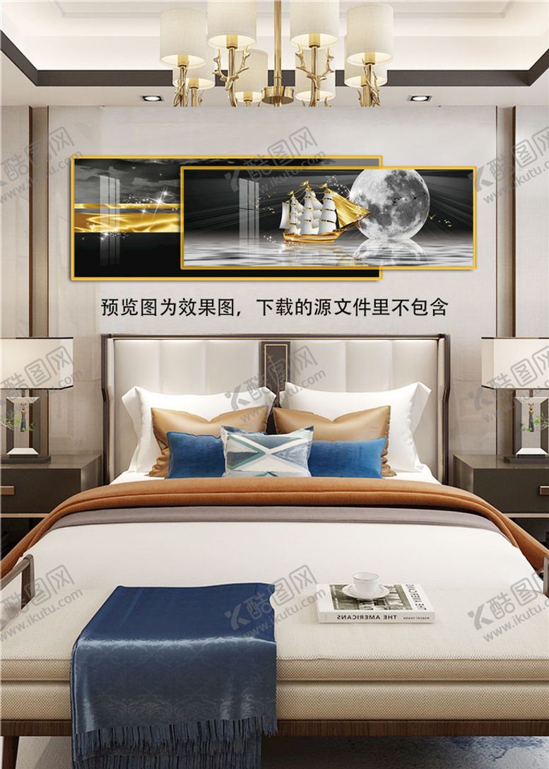 编号：26750810071250190219【酷图网】源文件下载-明月湖畔帆船组合床头画挂画