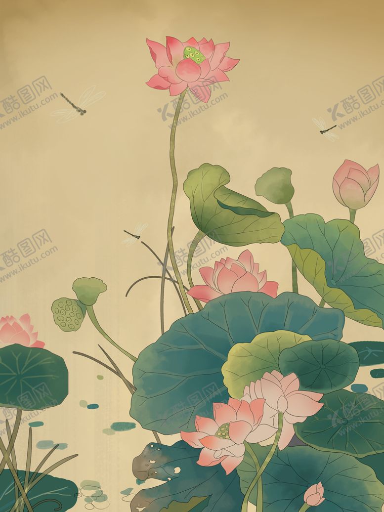 编号：13078910020418553871【酷图网】源文件下载-古典荷花花卉插画       