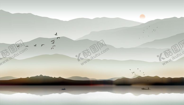 编号：29722705081133059025【酷图网】源文件下载-水墨山水小船大雁太阳背景墙