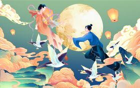 七夕情侣国风插画卡通背景素材