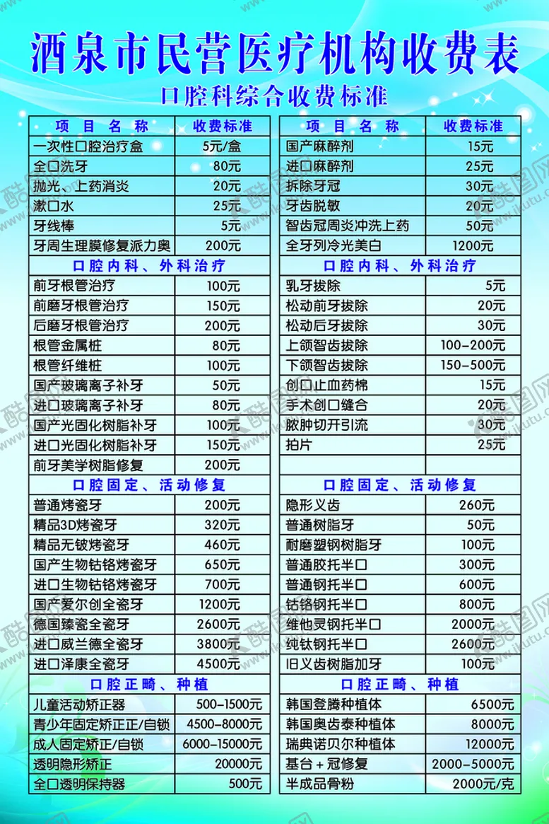 编号：44083902091301227609【酷图网】源文件下载-口腔治疗价目表
