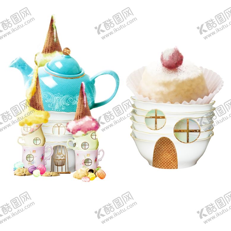 卡通城堡小屋蛋糕蛋挞糖果色茶壶
