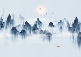 水墨山水小船大雁背景墙