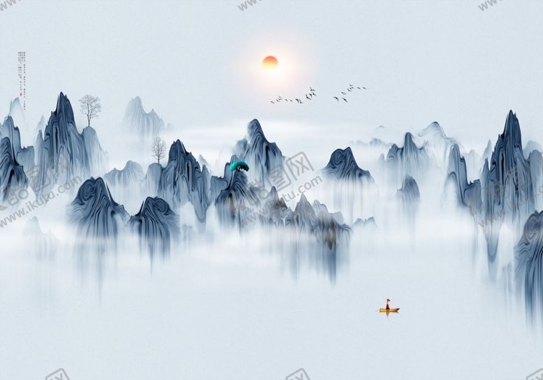 编号：50955010311826375931【酷图网】源文件下载-水墨山水小船大雁背景墙