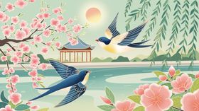 春日湖畔双燕伴花景