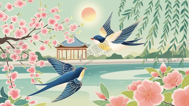 编号：90146804101158338588【酷图网】源文件下载-春日湖畔双燕伴花景