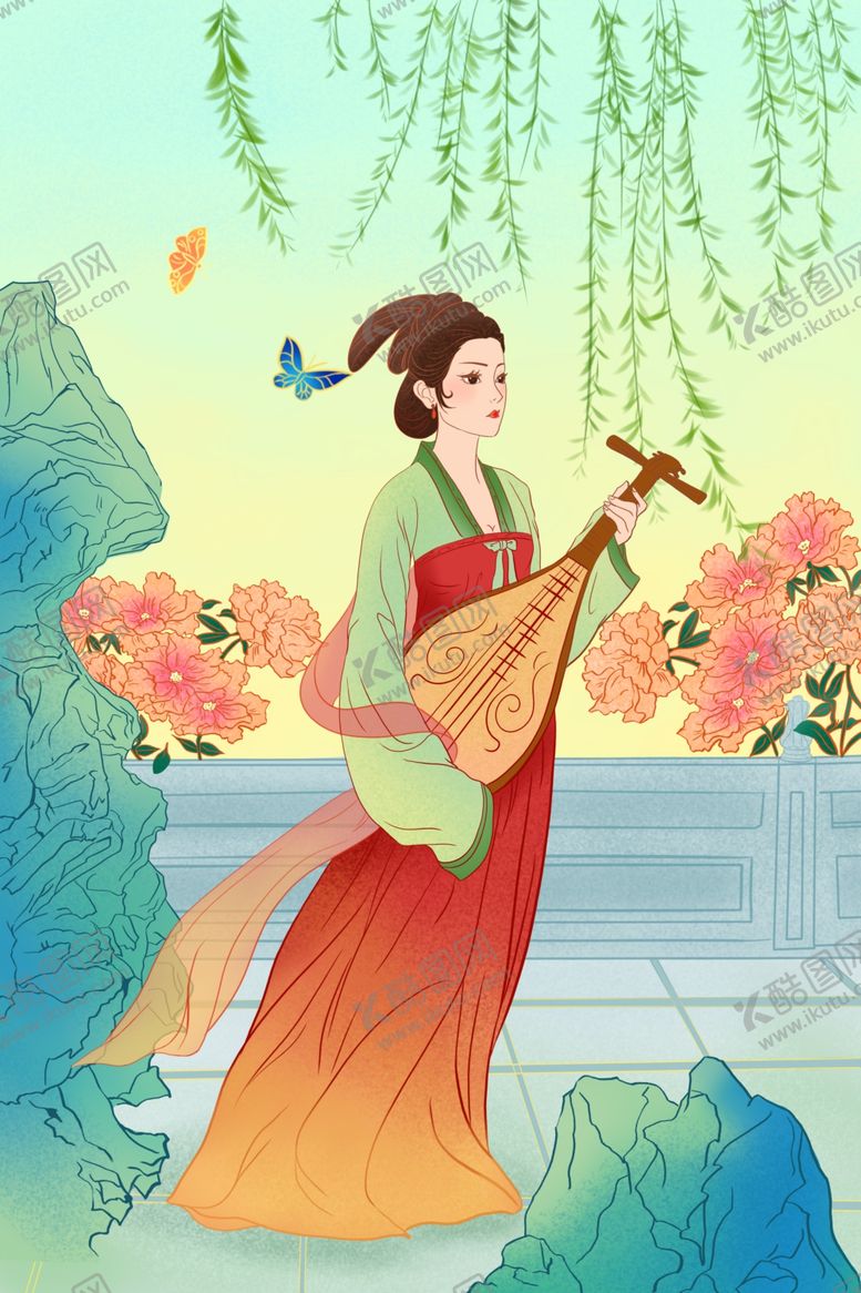 编号：78781609192358029671【酷图网】源文件下载-人物琵琶清新国风插画背景素材