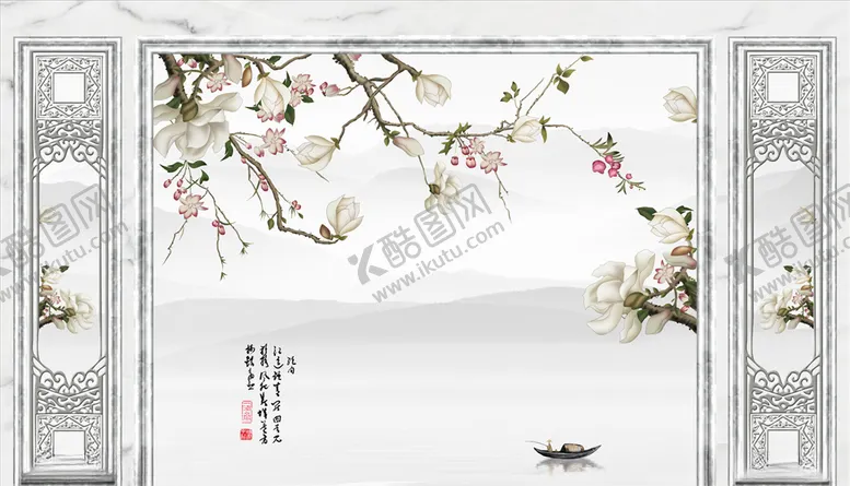 编号：29800304280305596595【酷图网】源文件下载-花鸟画玉兰花造型背景墙