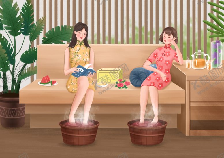 编号：45671906251652125825【酷图网】源文件下载-民国泡脚女性人物插画卡通背景