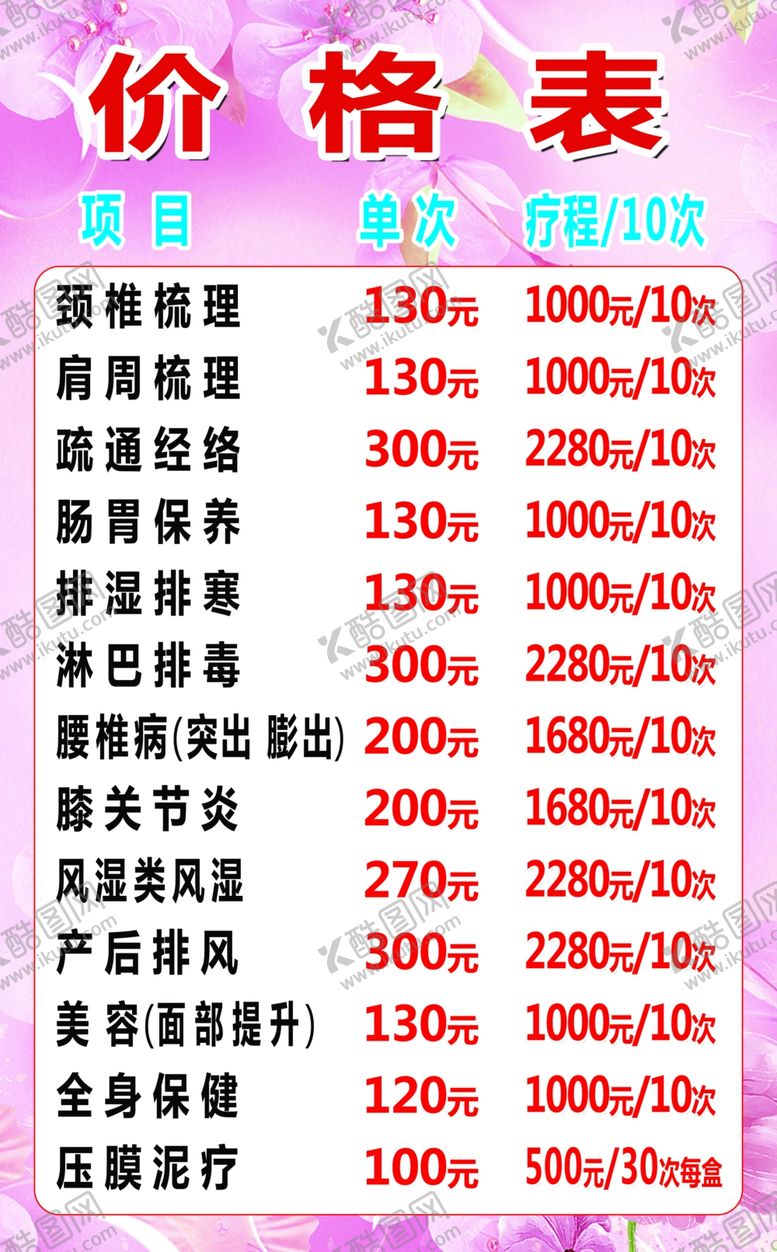 编号：90996409230736371304【酷图网】源文件下载-美容价格表