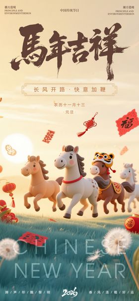 马年元旦红色系节日祝福海报