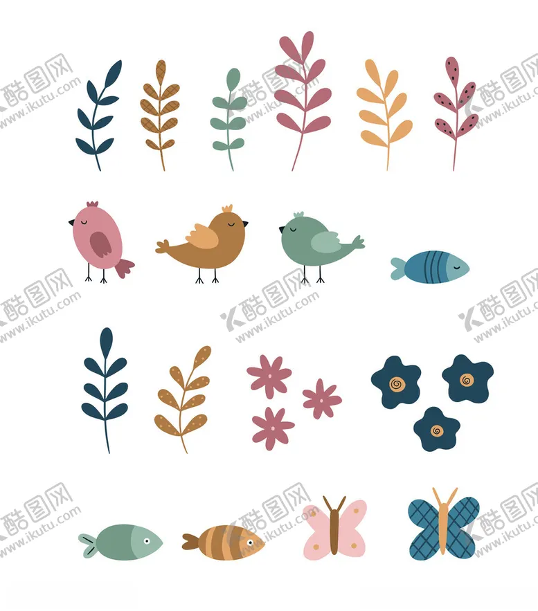 编号：57192602270937207517【酷图网】源文件下载-扁平风格花鸟鱼类与蝴蝶元素